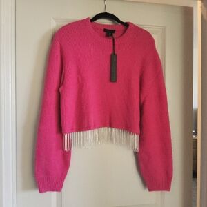 HOUSE OF HARLOW 1960 Rhinestone Silver Fringe Crop Sweater Oversized Bell Sleeve